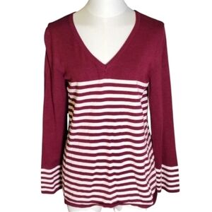 Hannah So Soft Red White Striped Kong Sleeve V Neck Sweater Size Small